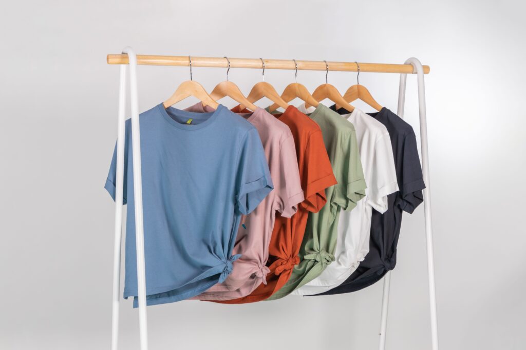 Organic cotton plastic free T-shirts on a hanger